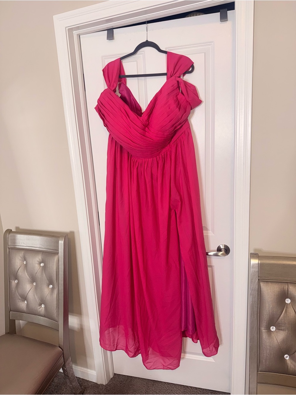 Elegant Fuchsia Hot Pink Chiffon Maxi Dress with Twist Straps